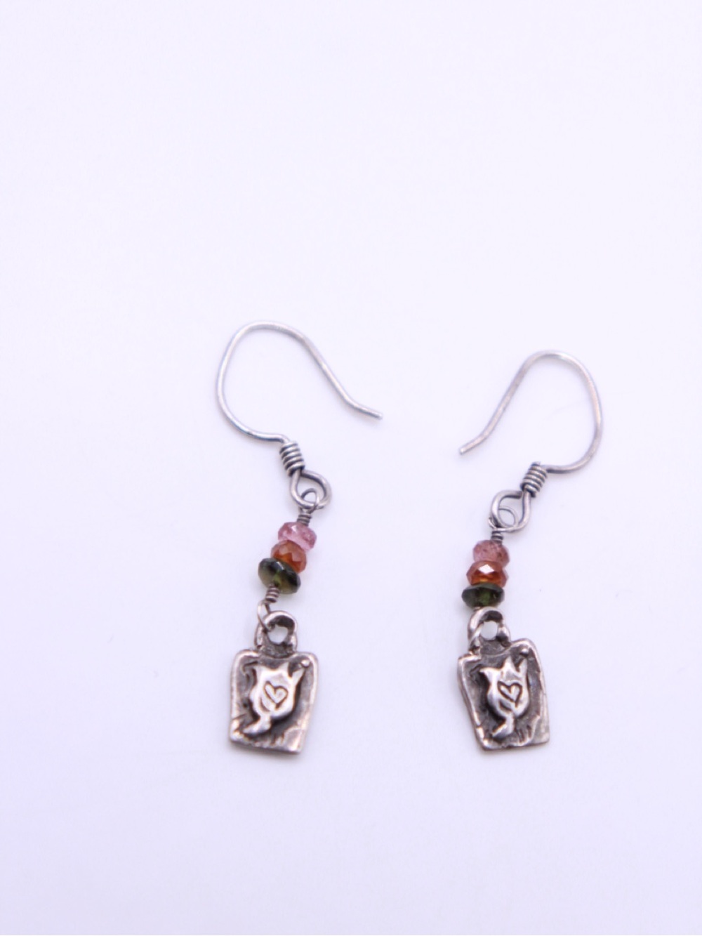 Handmade .925 Sterling Silver Tulip Heart Charm Earrings with stone beads